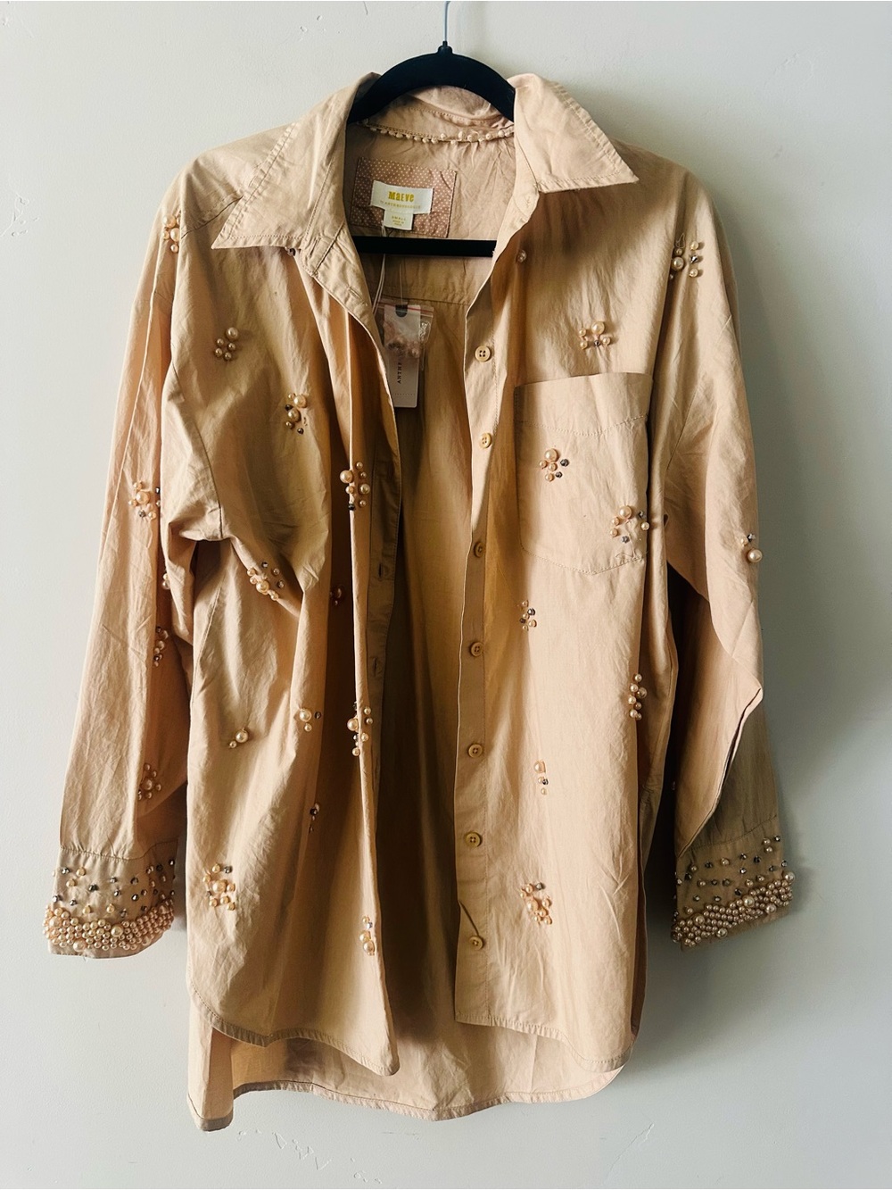 Embellished Pearl-Accent Button-Up Shirt Jacket in Beige